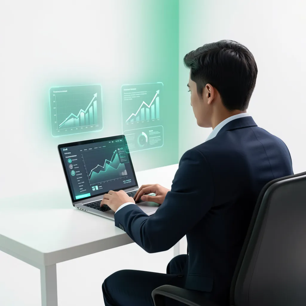 Profesional trabajando con paneles de datos flotantes de Negovix